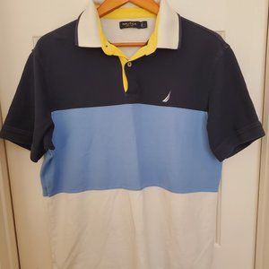 Nautica Blue and Cream Striped Polo Large